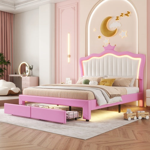 NEW Full Size Upholstered Bed Frame With LED Lights, Modern Upholstered Princess Bed With Crown Headboard, 2 Drawers