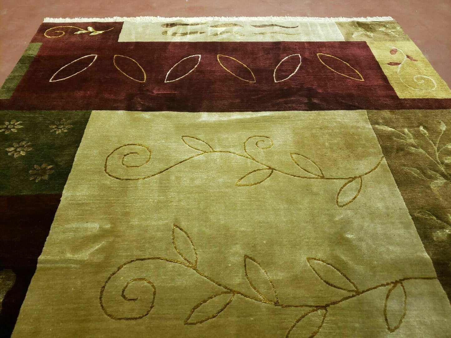 USED 6' X 9' Modern Handmade Tibetan Nepal Wool & Silk Rug Decorative Abstract Gold