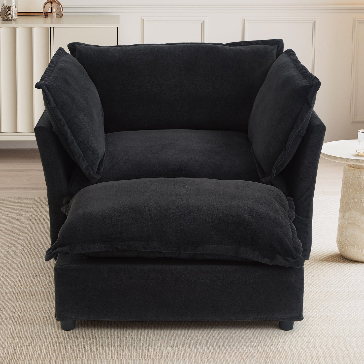 NEW Modern Armchair Sofa 47' Cozy Upholstered Sofa Chair with Movable Ottoman, Black Chenille, Wide Seat & Curved Armrests