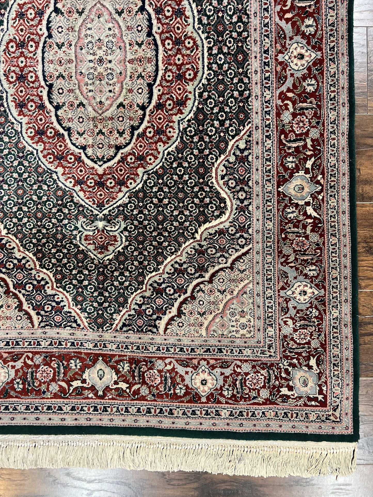 USED Sino Persian Rug 4x6, Wool with Silk Highlights, Fine Hand Knotted Carpet, Green & Maroon Red, Herati Medallion, Vintage Rug