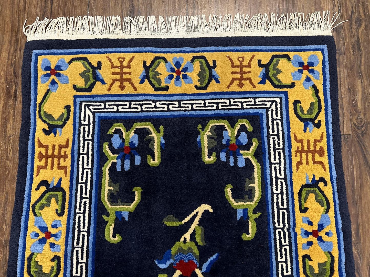 USED Chinese Art Deco Rug 3 x 5.9, Handmade Chinese Peking Carpet, Dark Blue and Gold, Medallion, Asian Oriental 3x6 Hand Knotted Vintage Rug