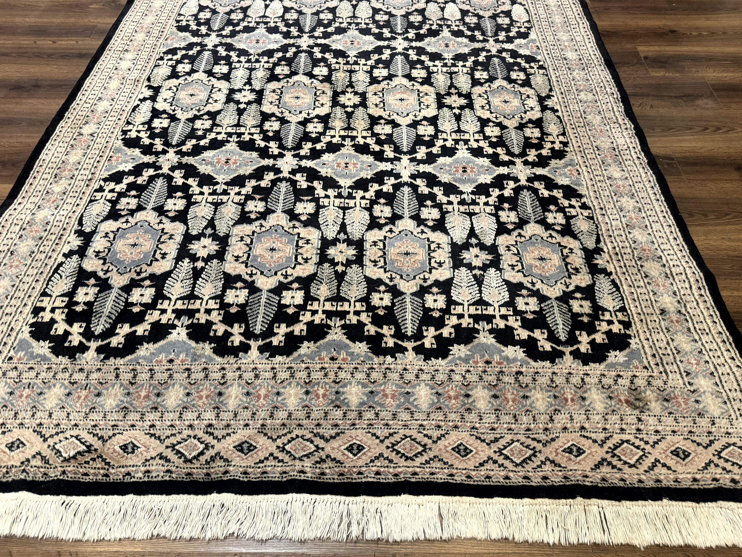 USED Turkoman Bokhara Rug 6x9, Pakistani Carpet, Black, Hand Knotted