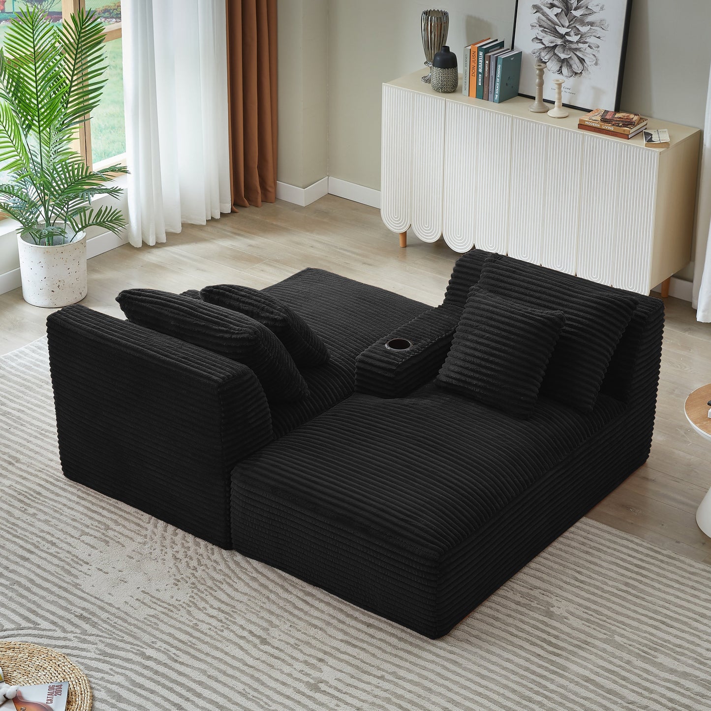 NEW Fluffy Black Corduroy Modern Compressible Double Chaise Lounge Loveseat Sleeper with Cupholders