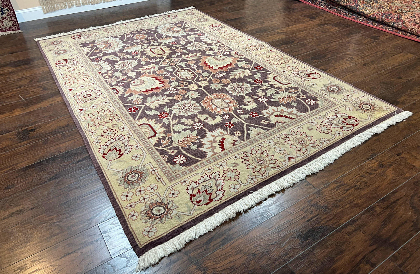 USED Vintage Indo Mahal Area Rug 6x9, Indian Persian Oriental Carpet 6 x 9, Puce Eggplant Tan Beige Rug, Hand-Knotted, Large Floral Design Wool