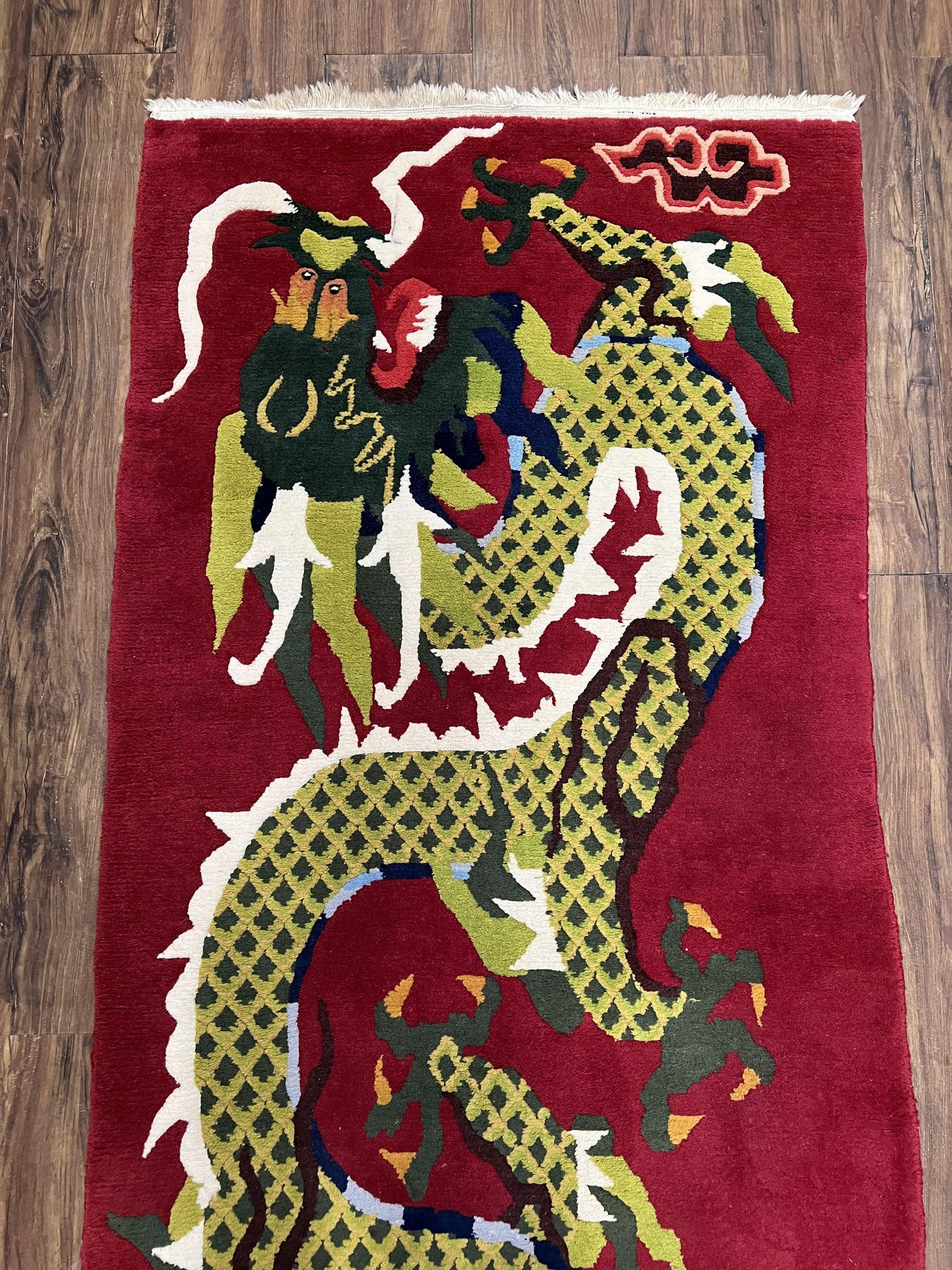 USED Vintage Chinese Dragon Rug 3 x 6.8, Handmade Hand Knotted Red Chinese Carpet with Gold Dragon, Art Deco Peking Soft Chinese Rug Runner