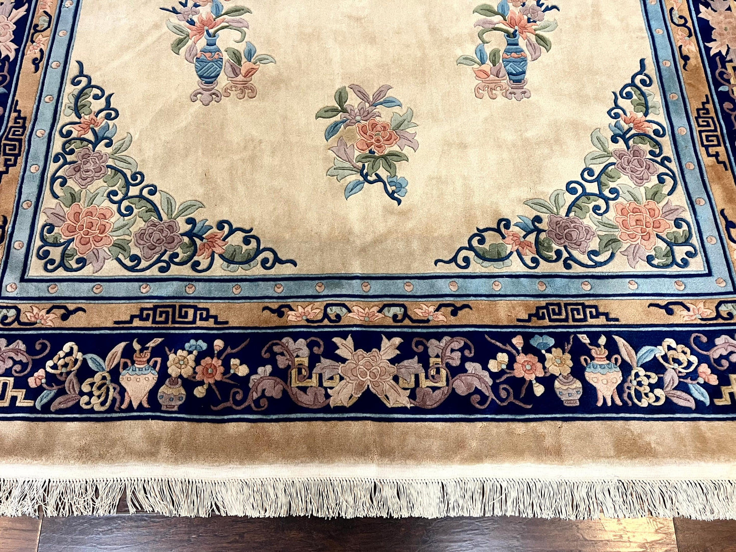 USED Chinese Wool Rug 8x11, Peking Asian Oriental Carpet, Cream/Ivory and Blue, Vintage Handmade Rug, Art Deco Rug