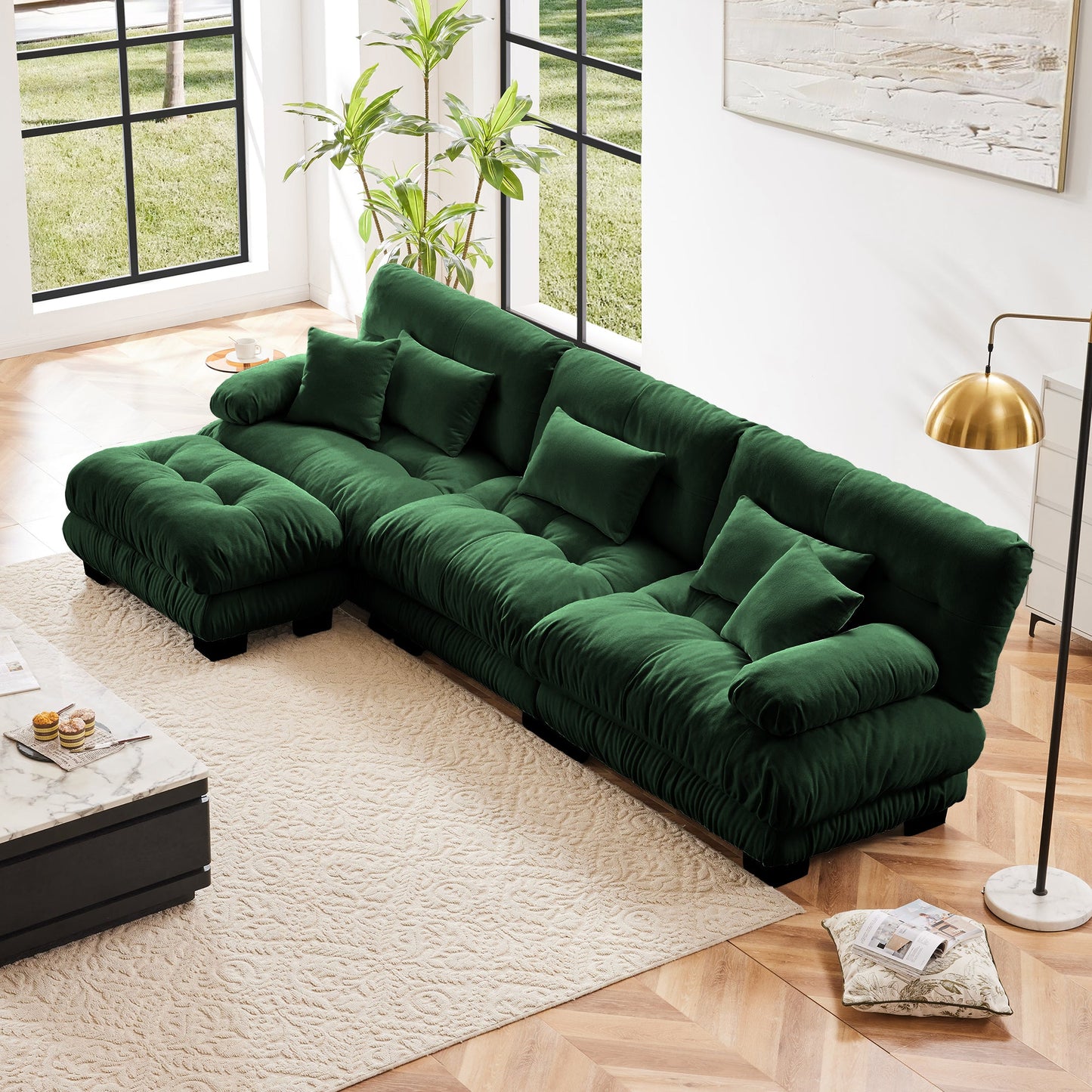 NEWn Luxury Chenille Green Oversized Modular Sectional L Shaped Cloud Deep Seat Sofa Couch with Convertible Ottoman