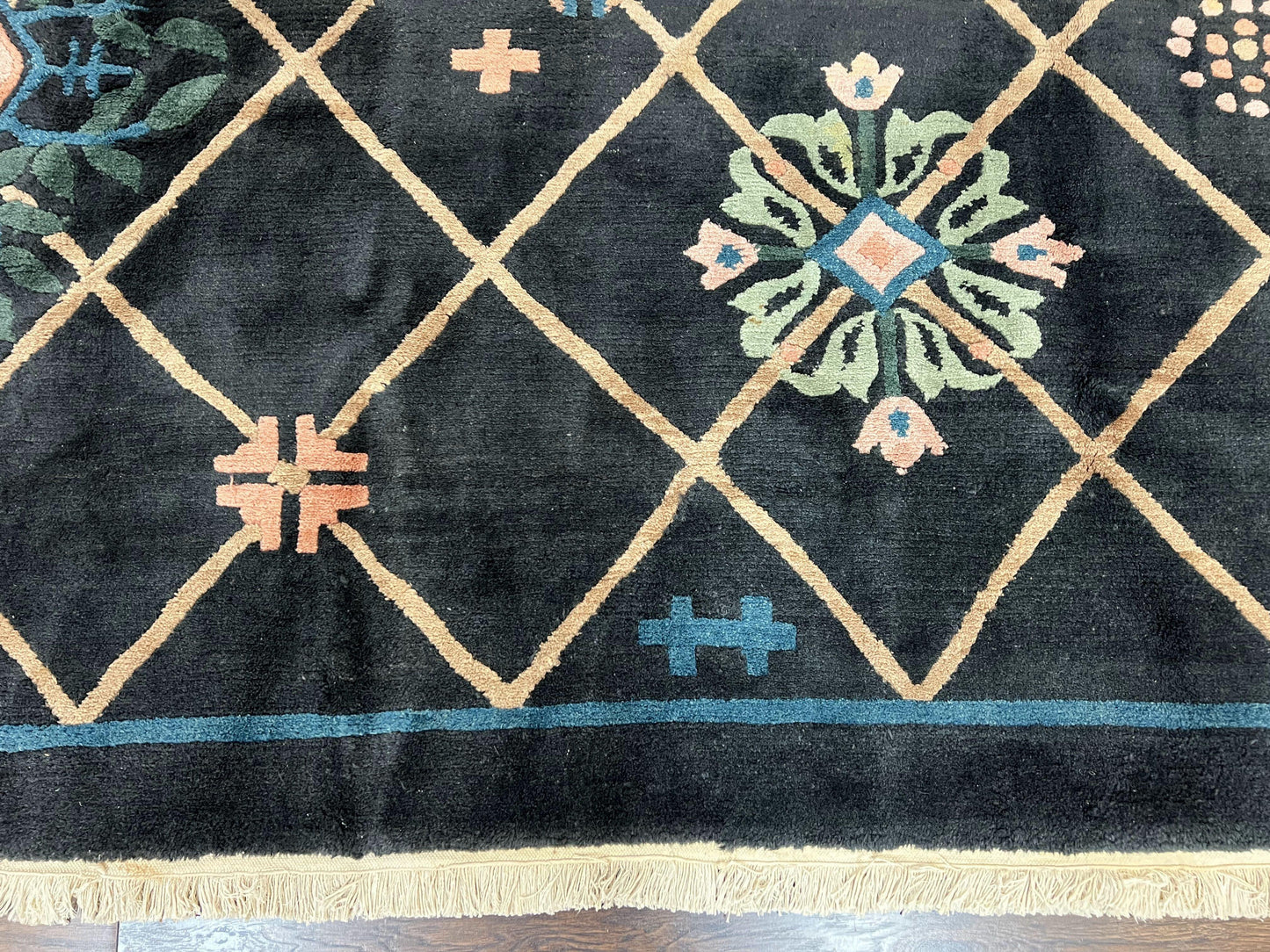 USED Tibetan Rug 9x12, Hand Knotted Tibet Nepali Contemporary Carpet 9 x 12 ft, Black and Tan, Handmade Area Rug Room Sized, Nepalese Rug