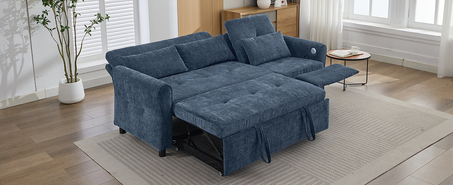 NEW 2-in-1 Sofa 82' Three-seater Sofa with Sofa Bed and Reversible Recliner, Blue Chenille