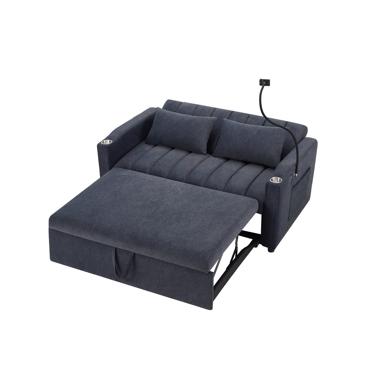 NEW Convertible Sofa Bed Loveseat with USB Ports, Side Pockets, Cup Holders, and Phone Holder in Blue Grey Bella Fabric, 55.9'