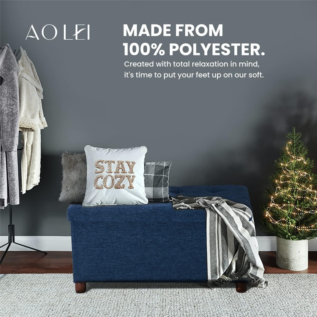 NEW Blue Linen 30-Inch Storage Ottoman Bench Removable Lid