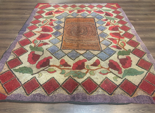 USED Vintage American Hooked Rug 6x7, Unique Colors, Red Lavender Cream, Abstract