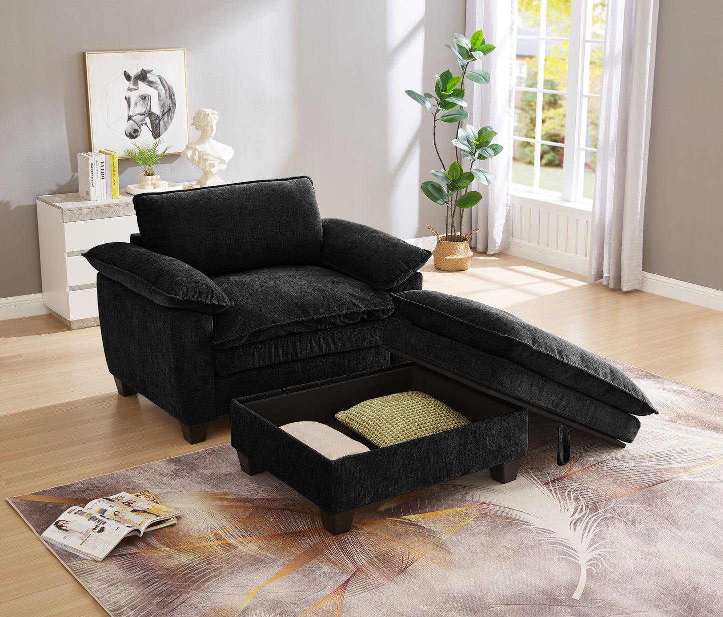 NEW 51' Oversize Chaise Lounge Chair with Ottoman and Storage  Upholstered Soft Chenille Black