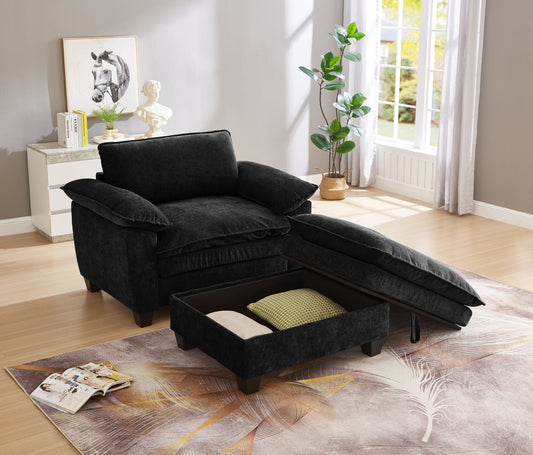 NEW 51' Oversize Chaise Lounge Chair with Ottoman and Storage  Upholstered Soft Chenille Black