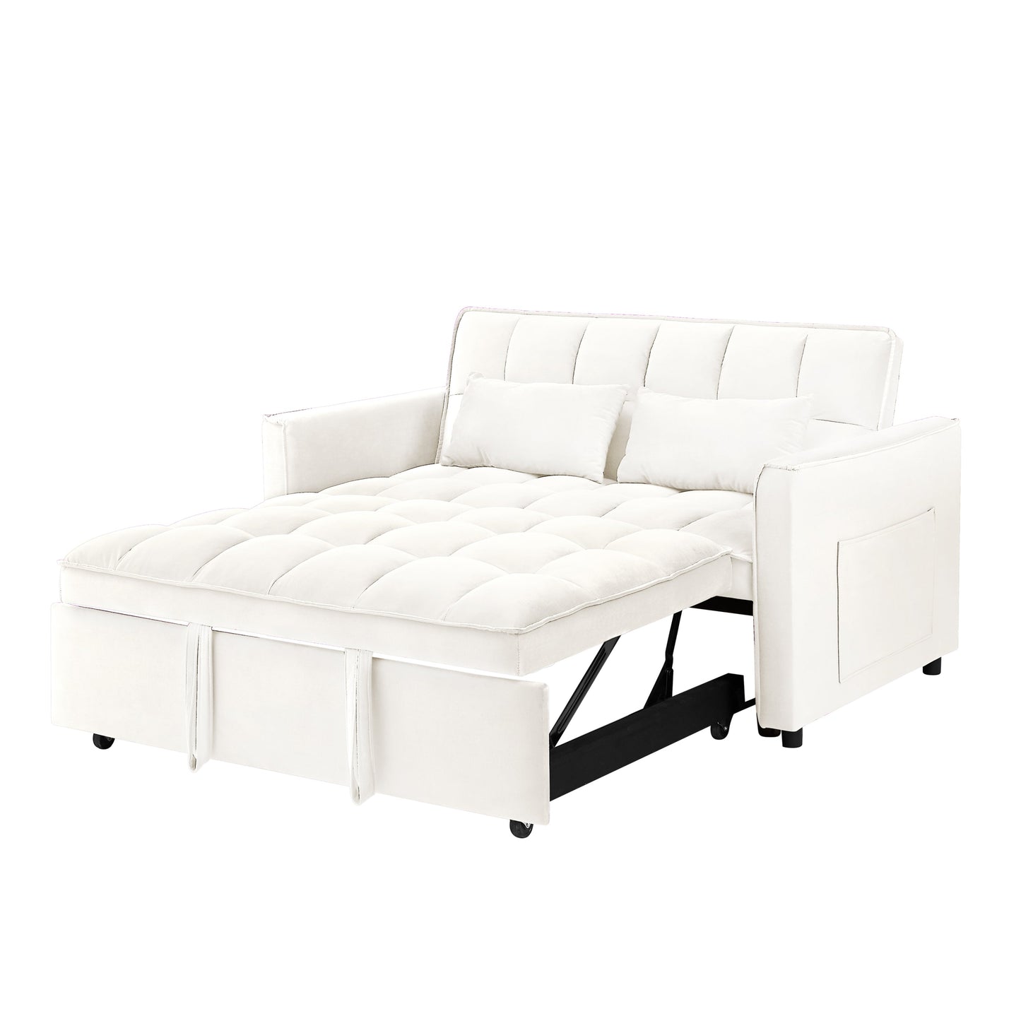 NEW 55.1-inch 3-in-1 Off White Convertible Modern Velvet Double Sofa Futon Bed with Adjustable Back Storage Bag and Pillow