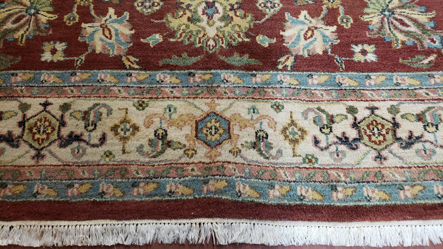 USED 8x12 Indo-Mahal Rug, Floral Allover, Red & Beige, Wool Vintage Handmade Traditional Carpet