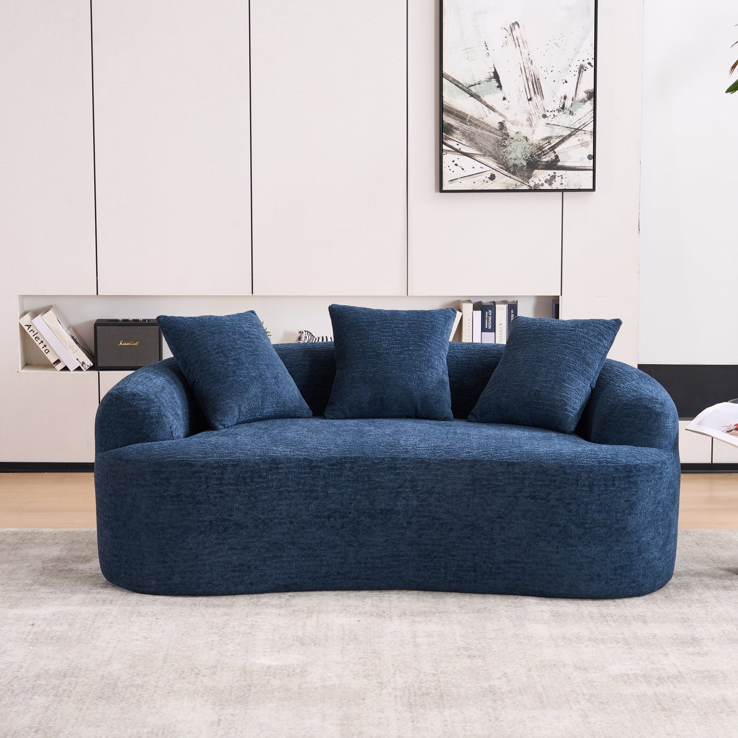 NEW LY-025S Chenille  Curved Loveseat Blue Full Compression Sponge Sofa with 3 Pillows