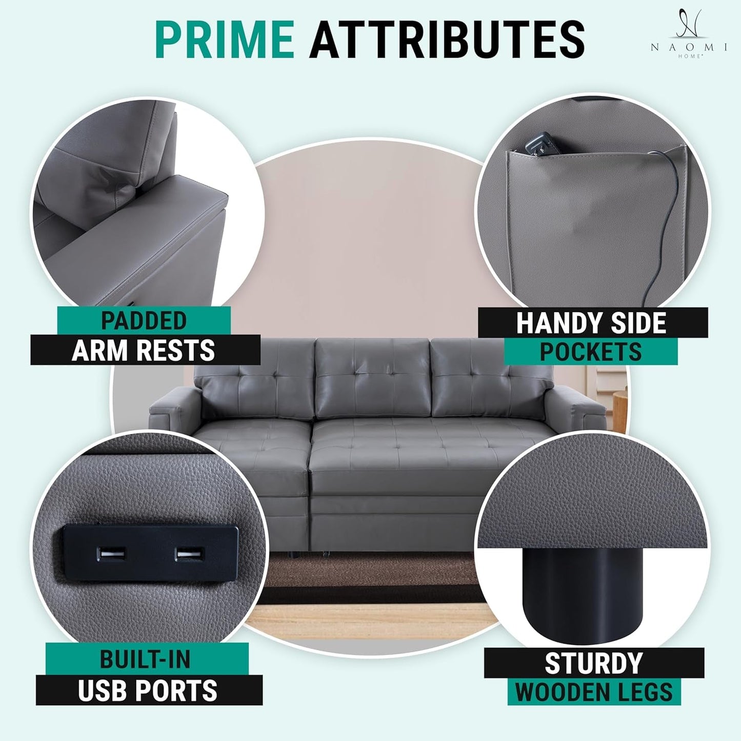 NEW L Shaped Sectional Sleeper Sofa With USB Ports Gray Leather