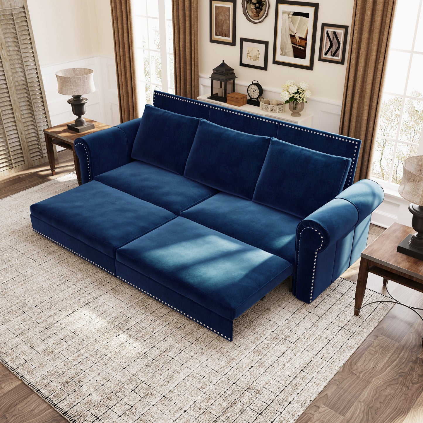 NEW 93.7 ' King Pull Out Sofa Bed, Chesterfield Sofa, 3-in-1 Velvet Convertible Sleeper Sofa with Nailhead Trim & Rolled Arm, Multi-Functional Sofa Bed for Living Room, Bedroom, Apartment, Office, Blue