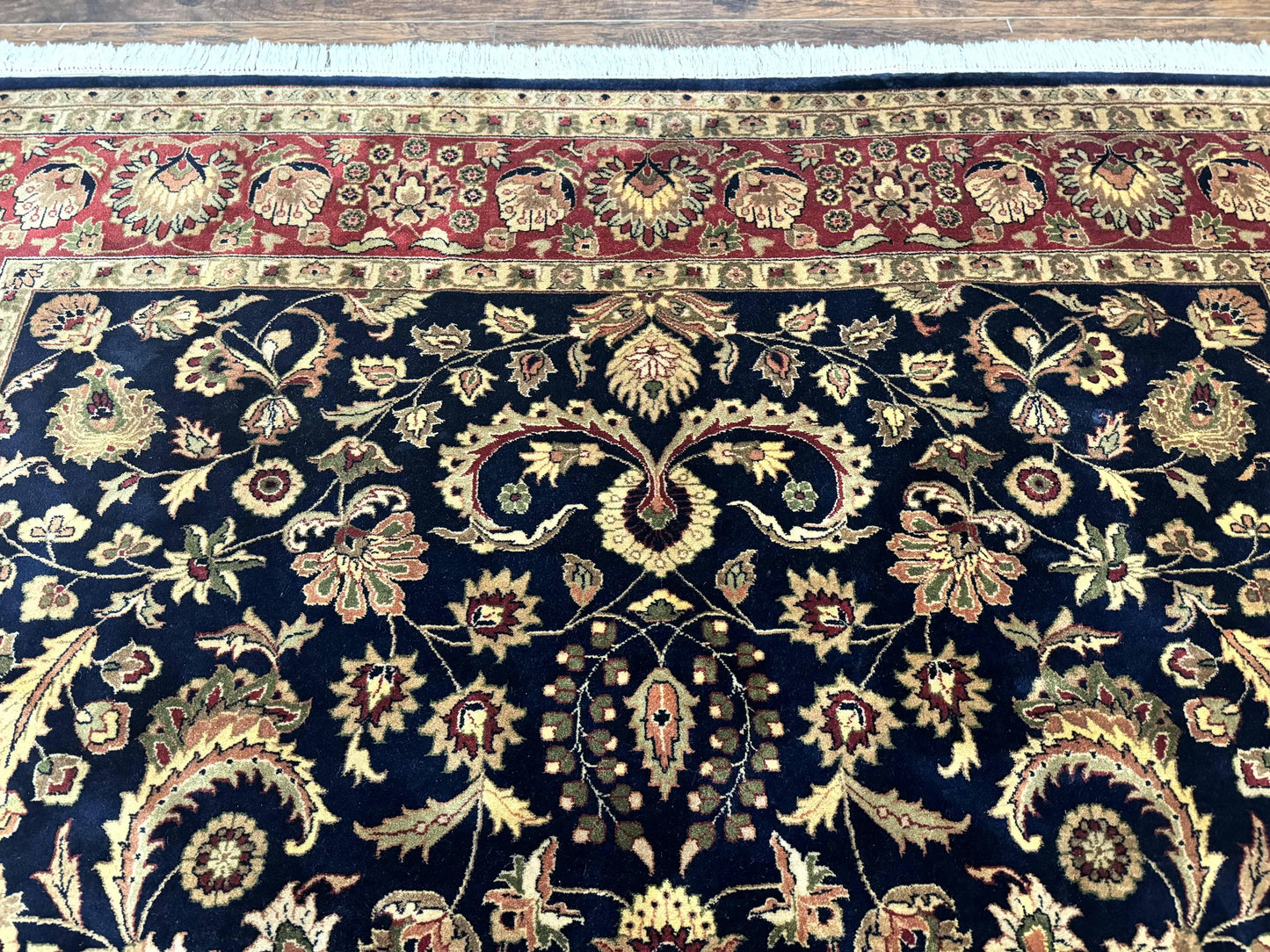 USED Indo Persian Rug 8x10, Navy Blue and Red, Floral Allover, Hand Knotted Vintage Wool Carpet, Indo Sarouk