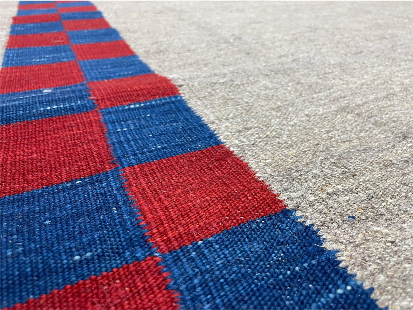 NEW 5' 7" x 7' 9" Geometric Kilim Carpet, Gray, Handmade, Hand-Knotted Area Rug, Blue & Red, Flatweave, Wool, New, Checkerboard Pattern