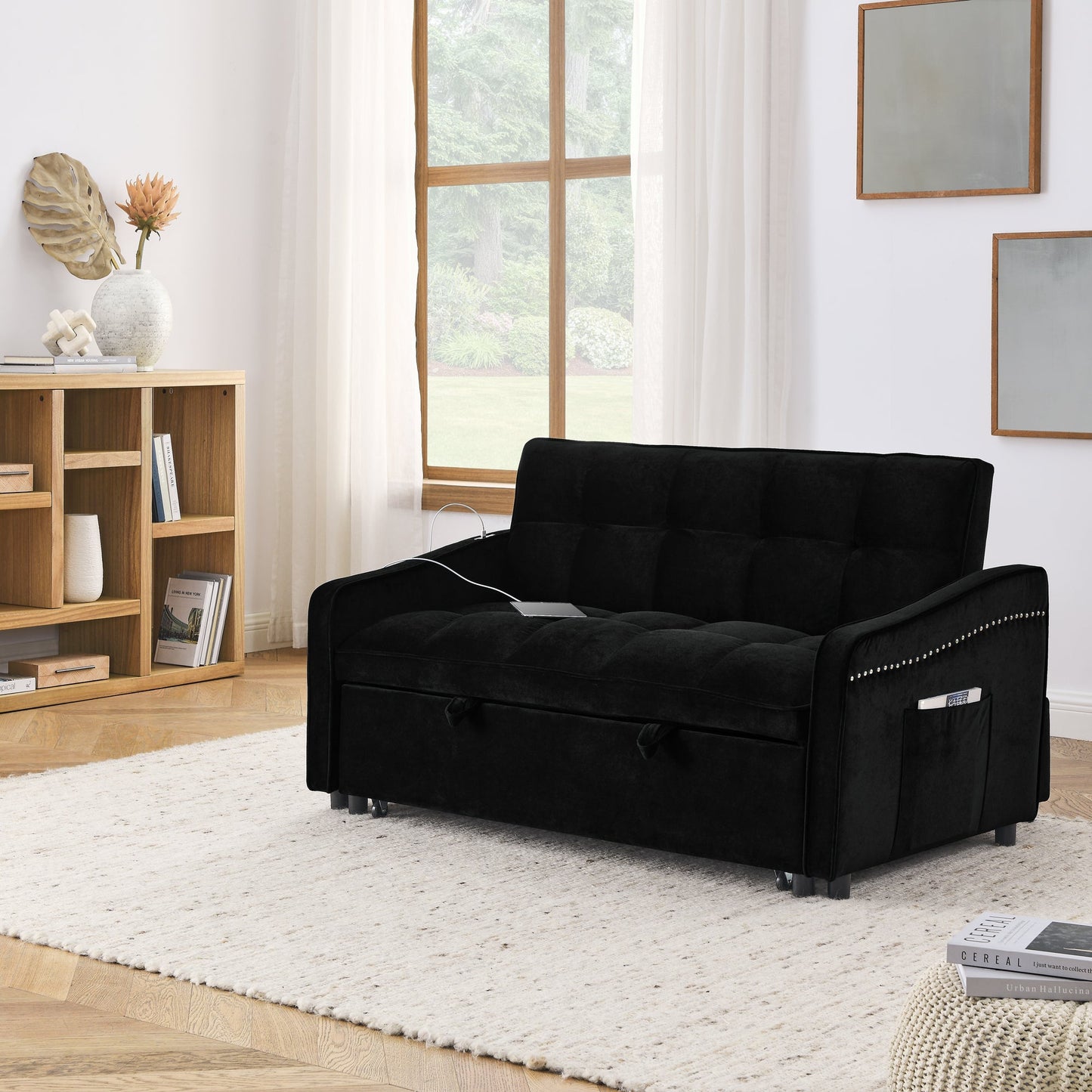NEW Loveseats Sofa Bed with Pull-out Bed,Adjsutable Back and Two Arm Pocket,TypeC and USB Charging with Copper nail,Black (47'x53'x31')