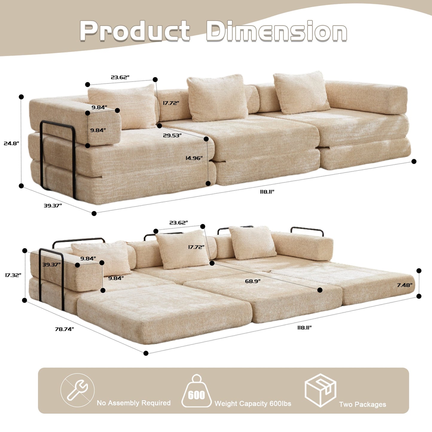 NEW Beige Chenille Fabric Boneless Modular Sectional Sofa Compression Convertible Floor Couch Bed with Fixed-Shape Frame