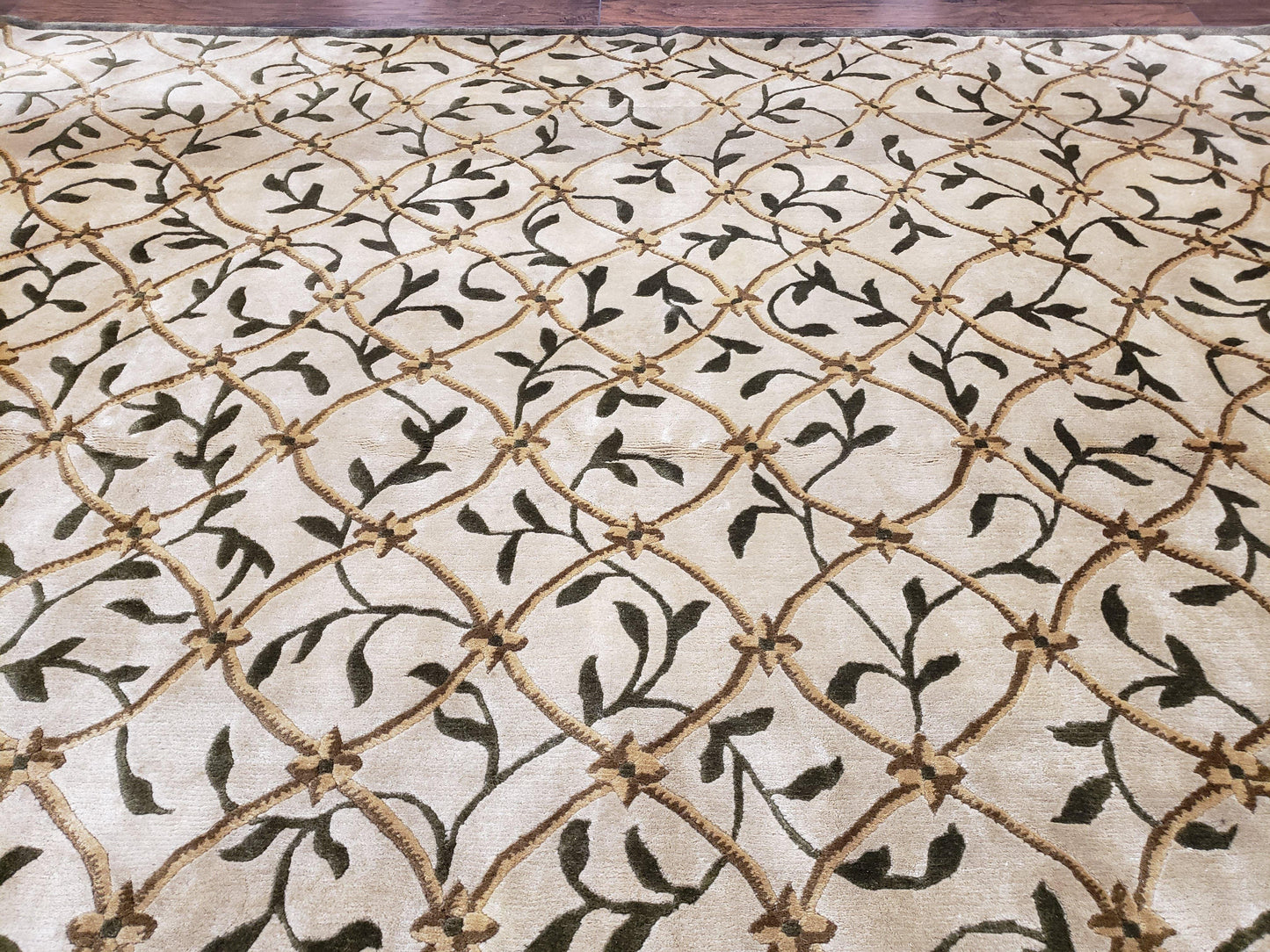 USED Vintage Tibetan Nepalese Area Rug 9x12, Wool Hand-Knotted, Beige Nepali Soft Pile Carpet, 9 x 12 Living Room Modern Dining Room Rug