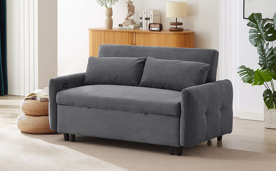 NEW 54.5’ Dark Grey Corduroy Modern Convertible Pull-out Sofa Bed