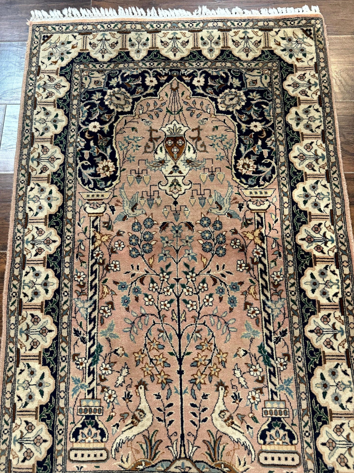 USED Small Tree of Life Prayer Rug, Pak Persian Rug 2.7 x 4, , Birds, Lantern, Handmade Vintage Fine 260 KPSI