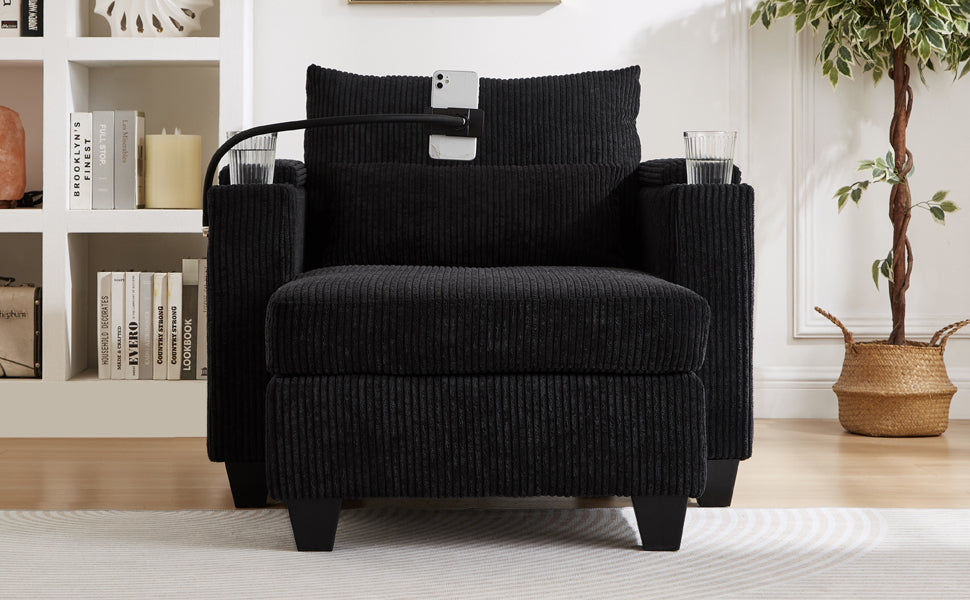 NEW Convertible Chaise Lounge Sofa Chair Bed with USB Ports, Cup Holders & Storage, Black Corduroy, 37.4'