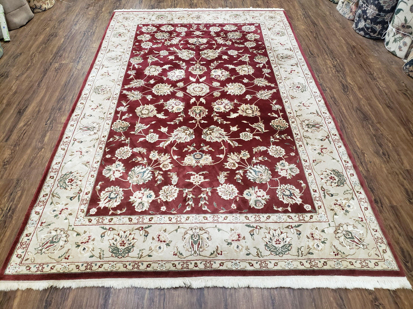 USED Vintage Traditional Oriental Area Rug, Hand-Knotted, Wool & Silk Accents, Maroon Red and Beige, 6x9 Carpet, 5' 9" x 9'