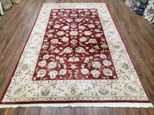 USED Vintage Traditional Oriental Area Rug, Hand-Knotted, Wool & Silk Accents, Maroon Red and Beige, 6x9 Carpet, 5' 9" x 9'