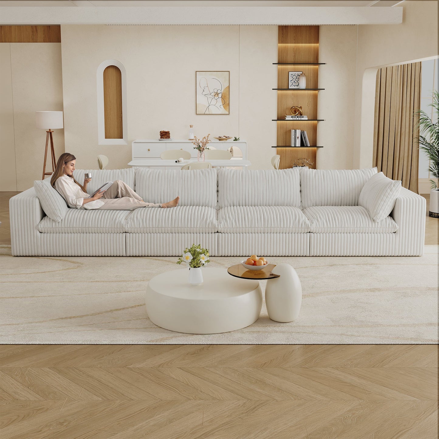 NEW 157.6'Cloud Sofa,Corduroy Fabric,Deep Seat Couches,Double-layer design,Removable  Cushion,No Assembly,DIY Combination for Living room, Bedroom,Conference room ,Apartment,White