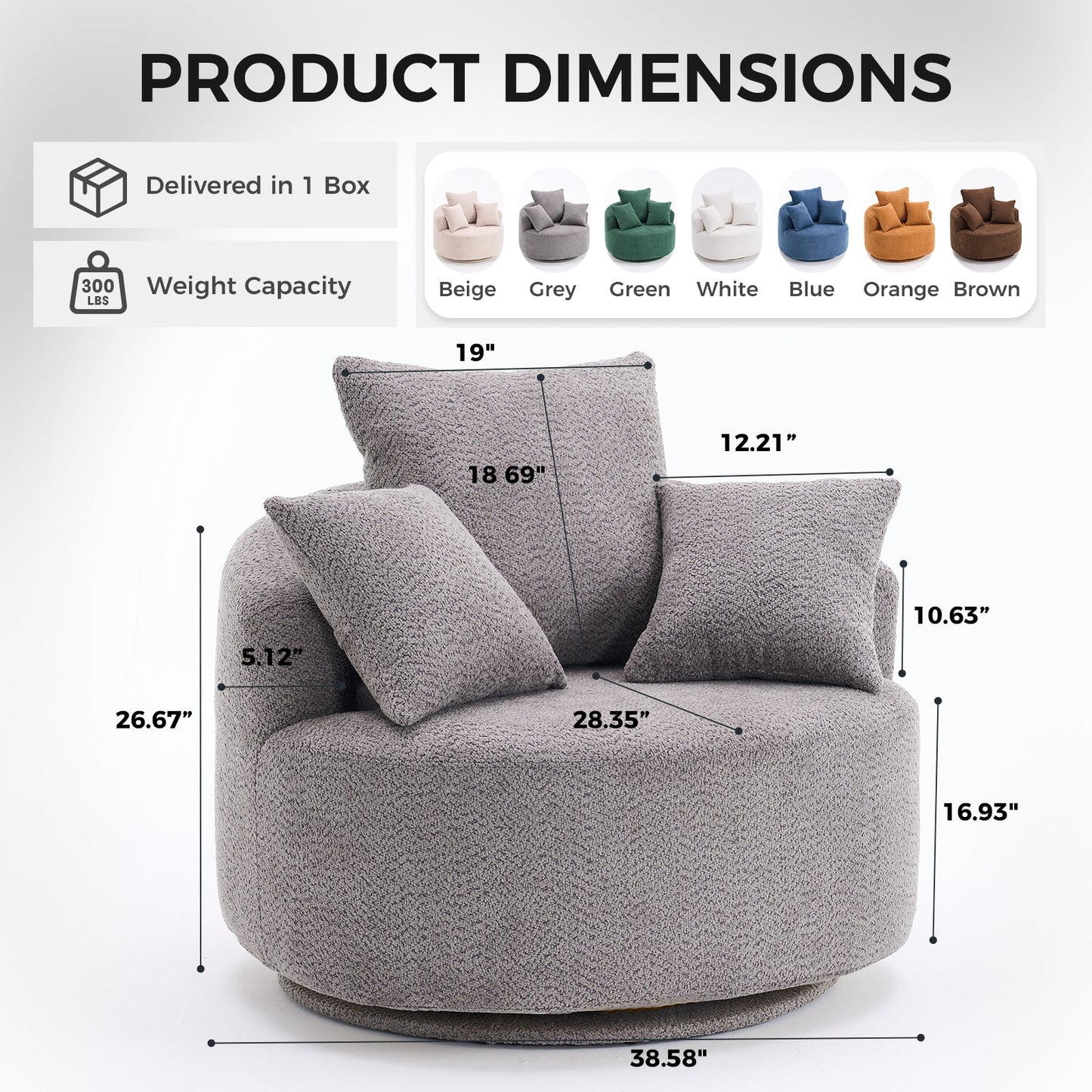 NEW 360° Swivel Round Grey Upholstered Accent Barrel Chair with 3 Removable Pillows