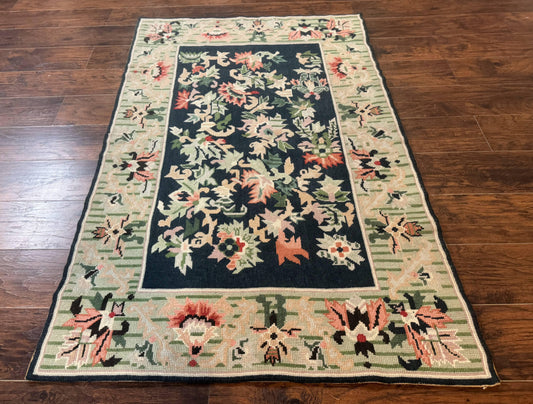 USED Vintage American Needlepoint Rug 4x6, Dark Green, Wool, Handmade, Flatweave Carpet