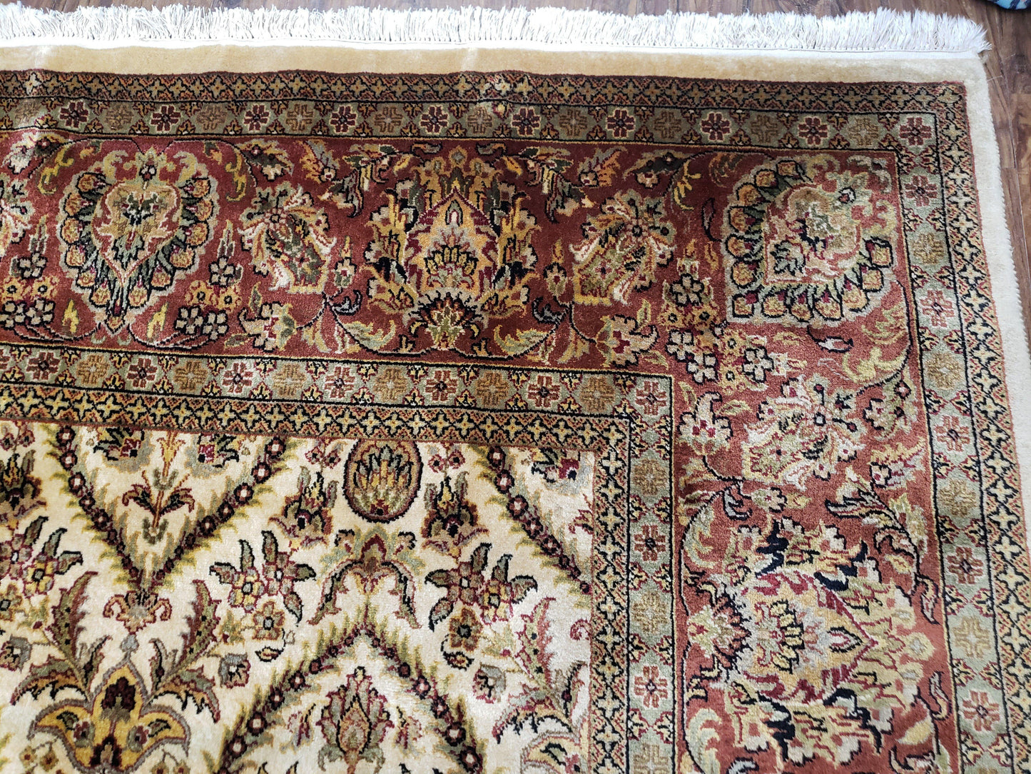 USED Vintage Indo Persian Area Rug 9x12, Wool Hand-Knotted Ivory & Dark Red Oriental Carpet, Fine Weave 9 x 12 Indian Rug, Dining Room Rug