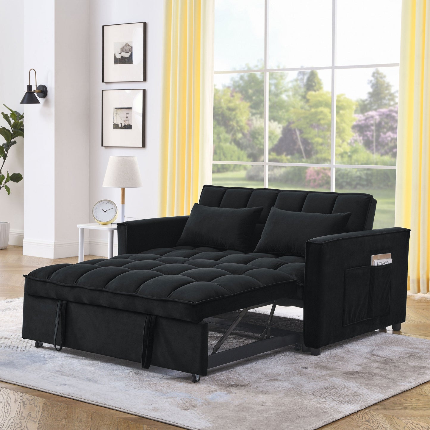 NEW Velvet Black Sleeper Convertible Sofa Recliner Bed 3-in-1 Adjustable Backrest 2-Seater
