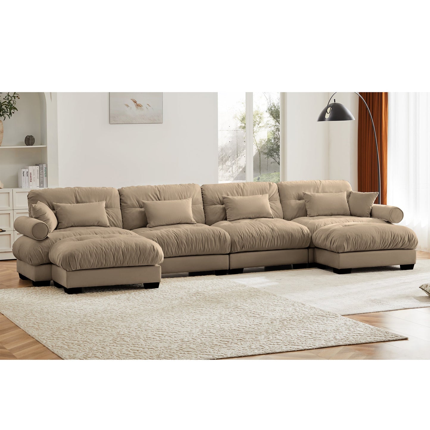 NEW Modern Velvet U Shaped Sectional Sofa Cloud Couch with Movable Ottomans and Bolstered Armrests in Camel