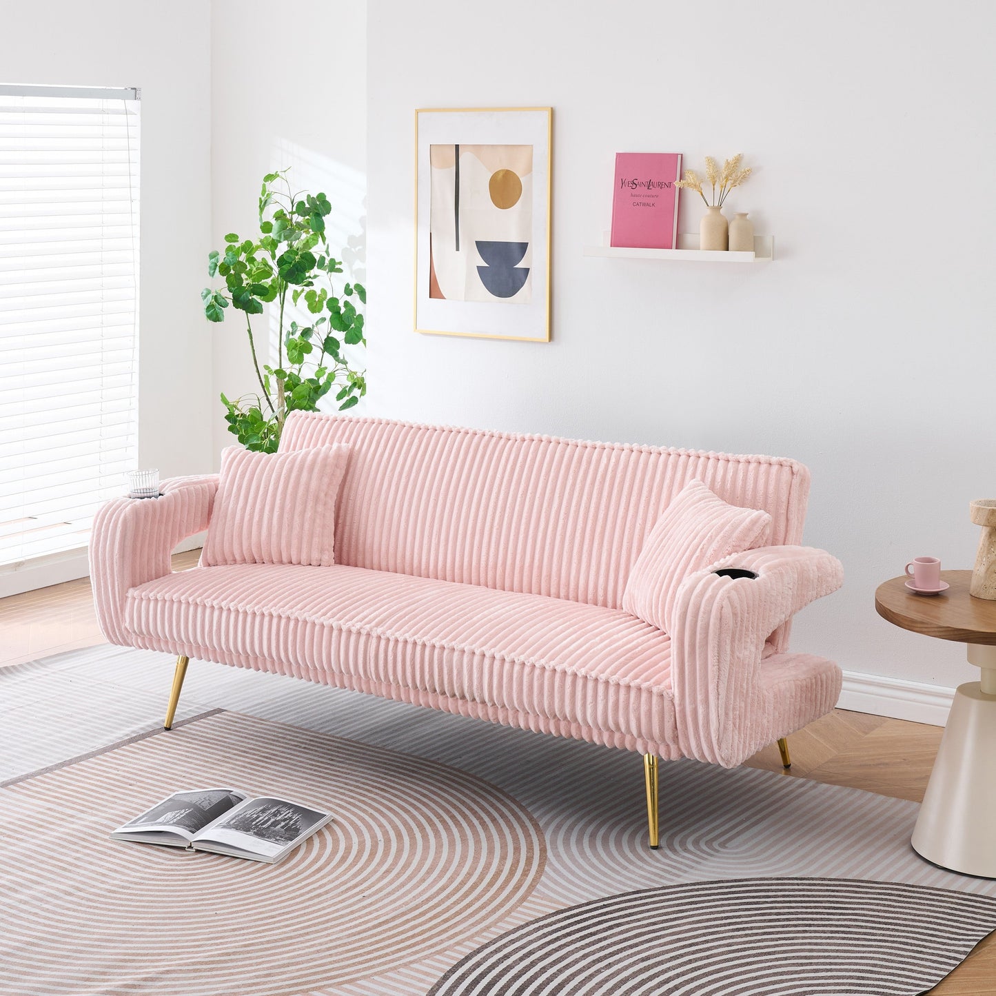 NEW 74 inch Straight Pink Corduroy Adjustable  Sofa Bed with Pillows
