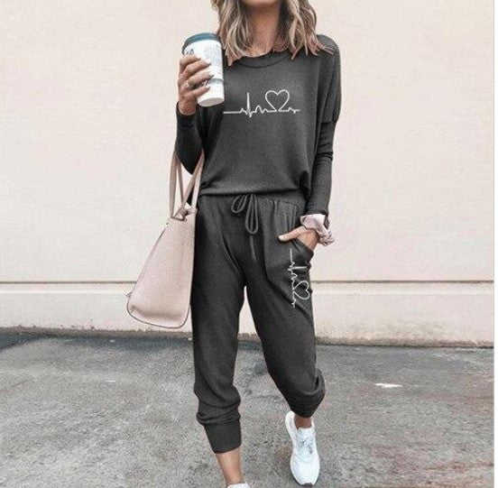 New Women's Long Sleeve Suit Fashion Pullover Top And Pockets Drawstring Long Pants Solid Color Casual Sports Trouser Suit Clothing