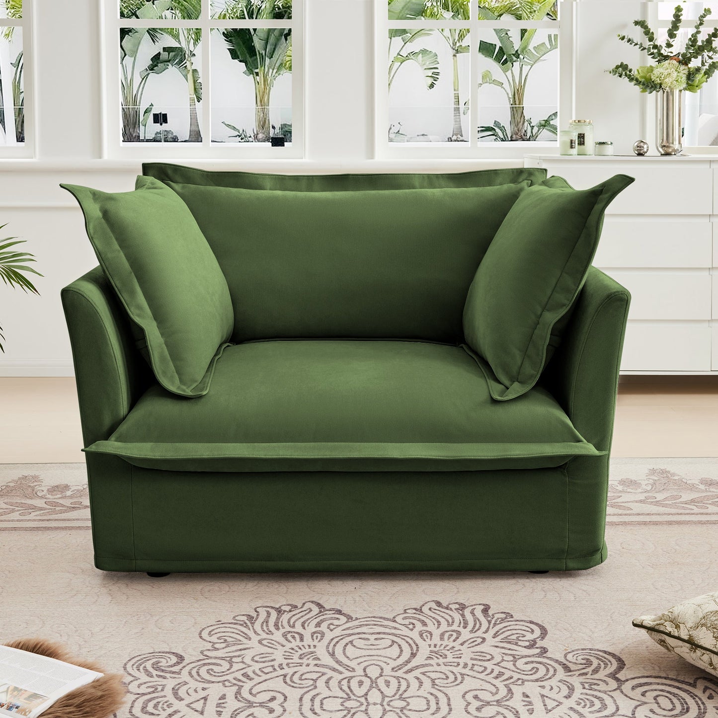 NEW Slip-covered Armchair with 1 Big Back Cushion and 2 Big Toss Pillows, Single Deep Seat Comfy Single Couch Sofa Multiple Large Soft Pillows, Chenille Fabric, Green