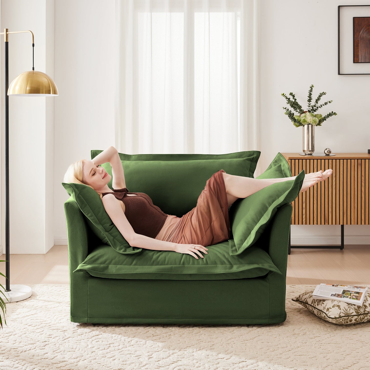 NEW Slip-covered Armchair with 1 Big Back Cushion and 2 Big Toss Pillows, Single Deep Seat Comfy Single Couch Sofa Multiple Large Soft Pillows, Chenille Fabric, Green