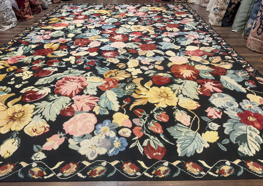 USED Palace Size Needlepoint Rug 12x18, Vintage Spanish Portuguese Carpet, Floral Design