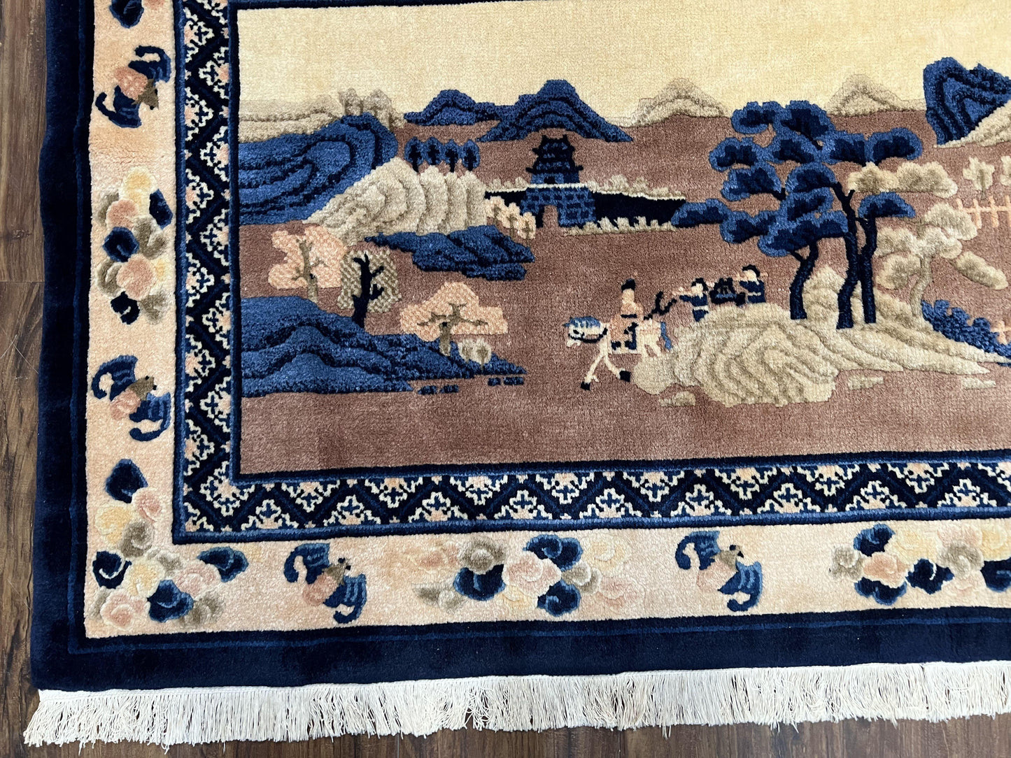 USED Antique Chinese Pictorial Rug 2.7 x 5, Chinese Village and Hills Carpet, Beige and Dark Blue, Handmade, Horizontal Rug Wall Hanging Tapestry