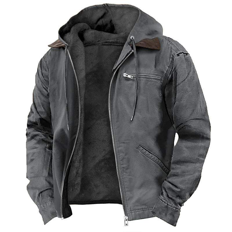 New Winter Hooded Coat With Pockets Fashion Warm Fleece Zip-up Jacket Casual Outwear Men's Clothing