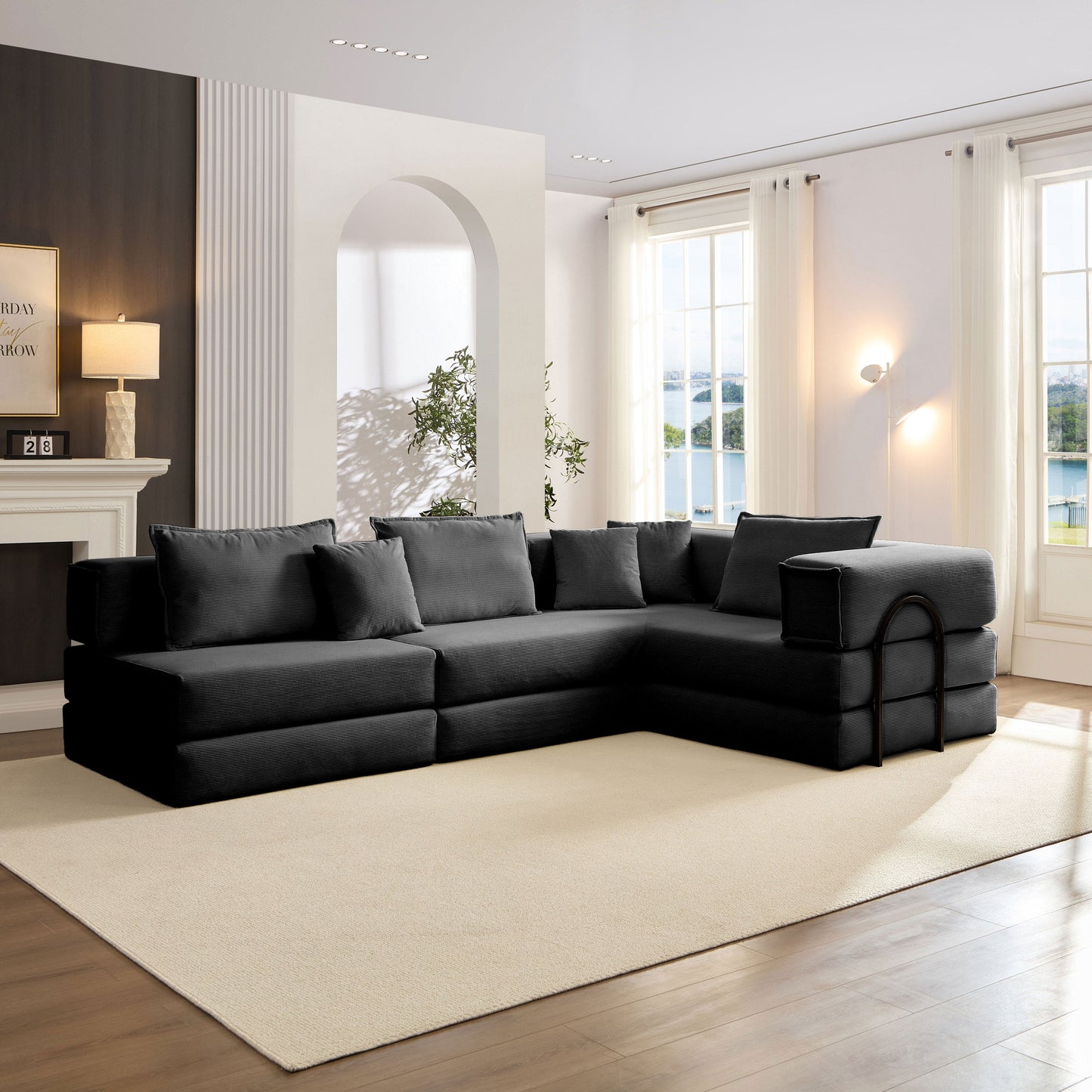 NEW Oversized Black Upholstered Sectional Sofa Set Modular 118.2' L Shaped Living Room Sofa Set with 6 Pillows