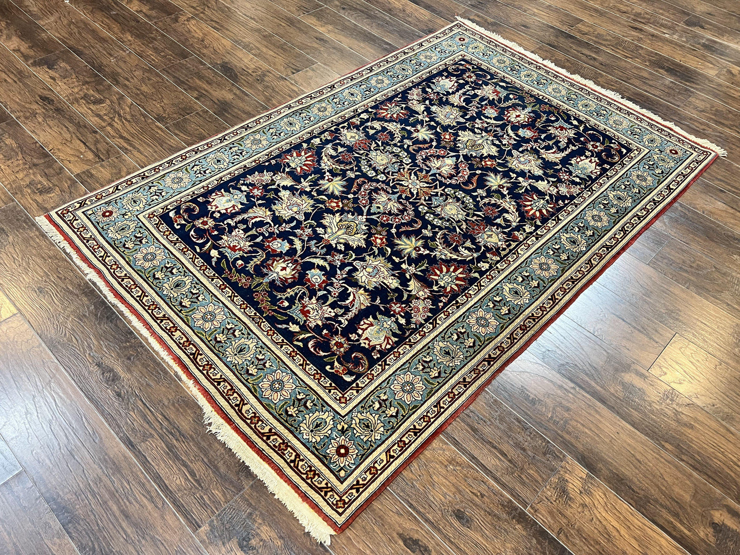 USED Blue Persian Qum Rug 5x7, Very Fine and Wonderful Authentic Persian Carpet, Wool Hand Knotted Vintage Semi Antique Oriental Rug, Floral, Ghom Qom Rug
