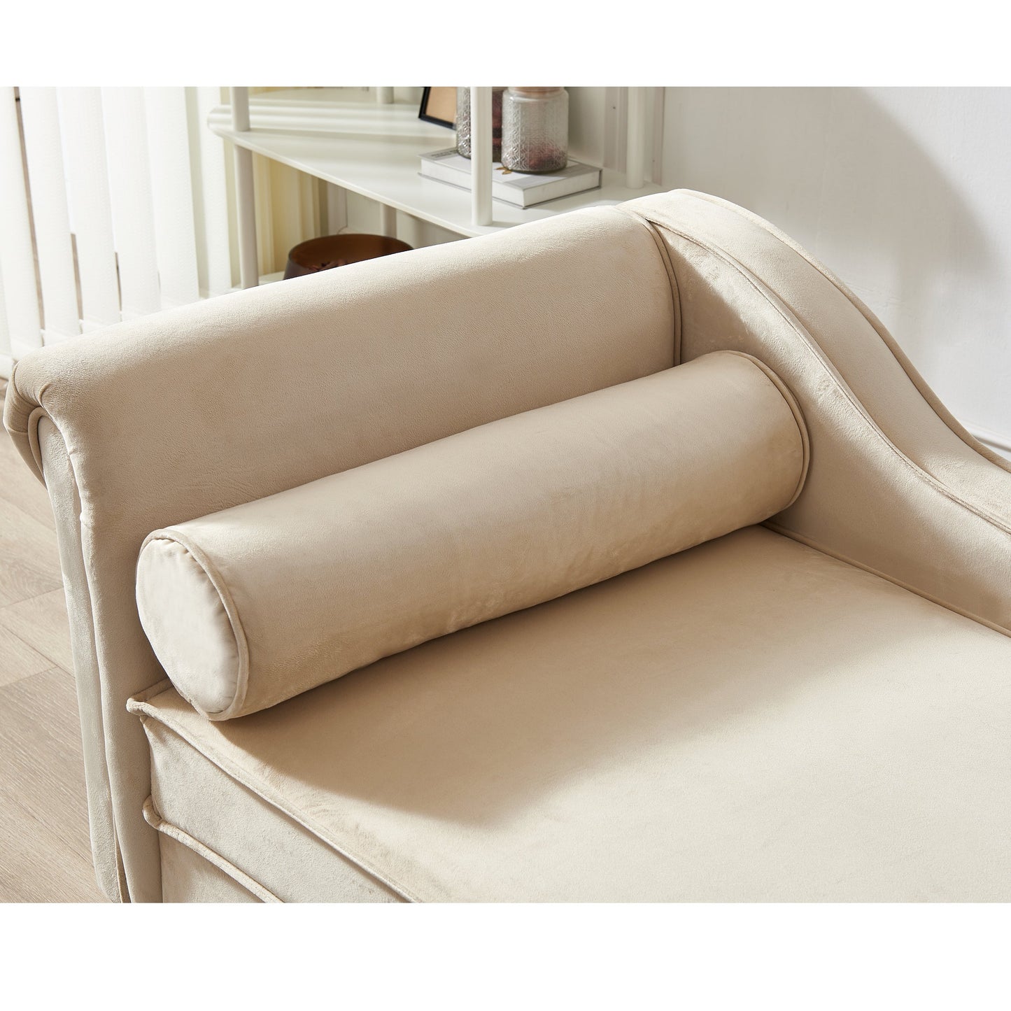 NEW Modern Beige Velvet Upholstered Chaise Lounge Chair with Storage