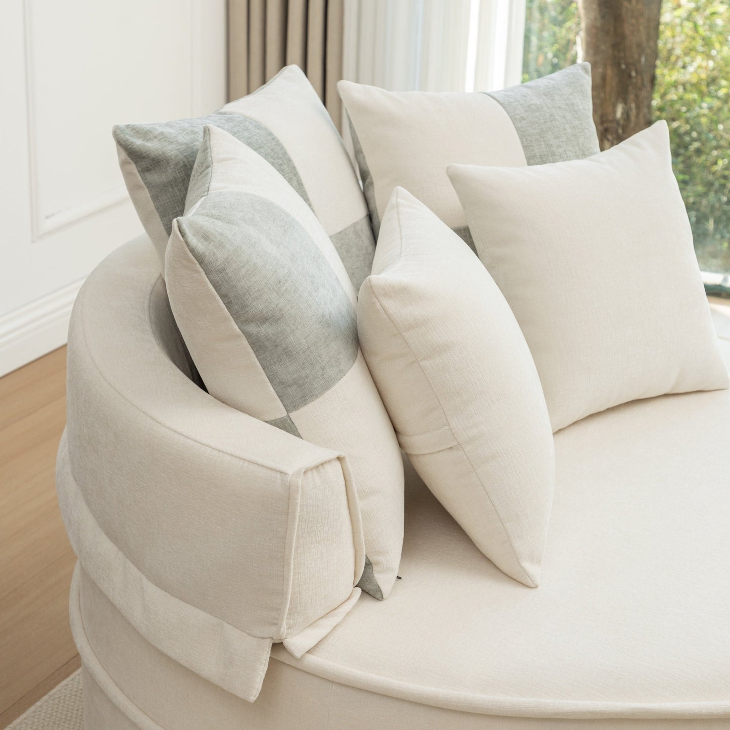 NEW Modern Oversized Beige Round Barrel Velvet Upholstered Lounge Armchair Accent Chair with Ottoman and 5 Pillows